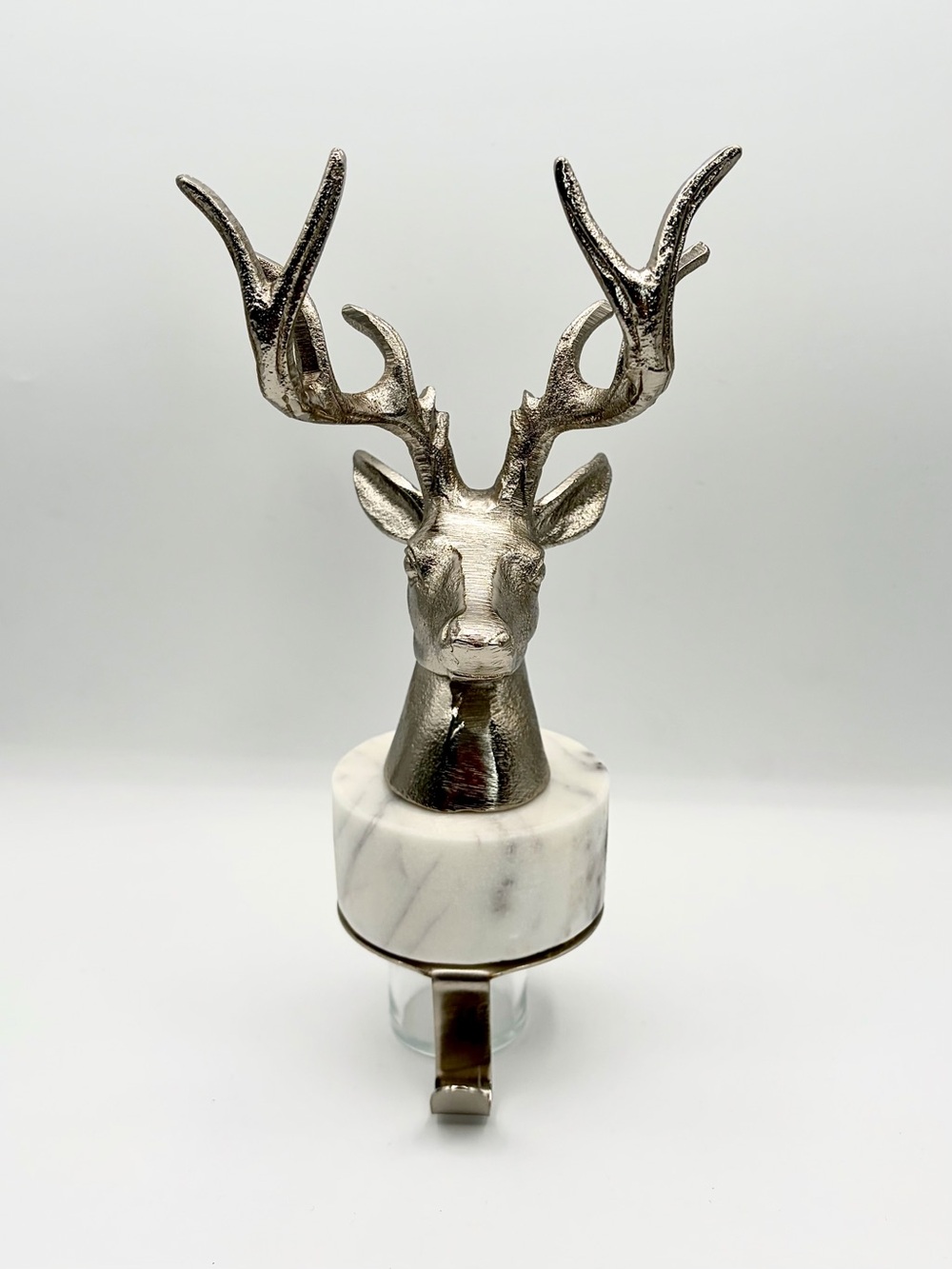 Silver Reindeer Head Stocking Holder - Marble Base Christmas Decor